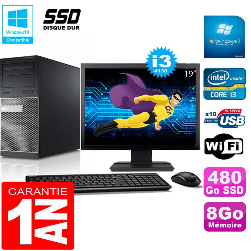 Tour Dell Optiplex 9020 - Intel Core i3-4130, 8 Go de RAM, 480 Go SSD, Windows 7 Pro