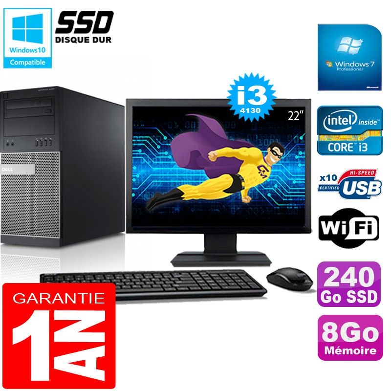 Tour Dell Optiplex 9020 - Processeur Intel Core i3-4130, 8 Go de RAM, 240 Go SSD, Windows 7 Professionnel
