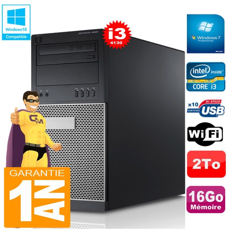 Dell Optiplex 9020 Tower - Intel Core i3-4130, 16GB RAM, 2TB Hard Drive, DVD Burner, WiFi, Windows 7 Pro