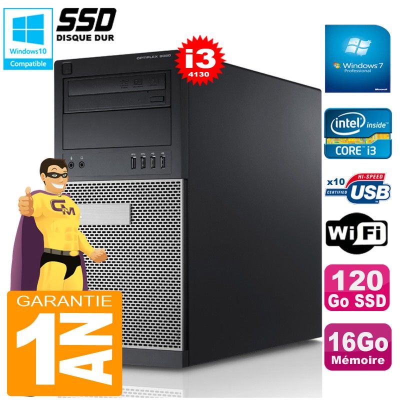 Dell Optiplex 9020 Tower - Core i3-4130, 16GB RAM, 120GB SSD, DVD Drive, WiFi, Windows 7 Pro