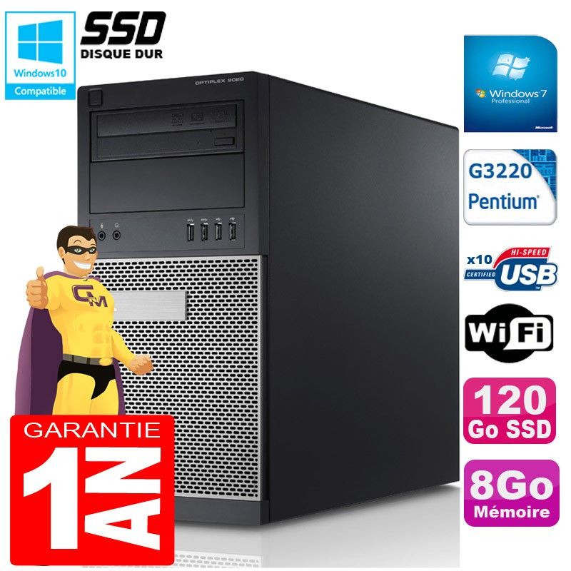 Dell Optiplex 9020 Tower - Intel Pentium G3220, 8GB RAM, 120GB SSD, DVD Burner, WiFi, Windows 7 Pro