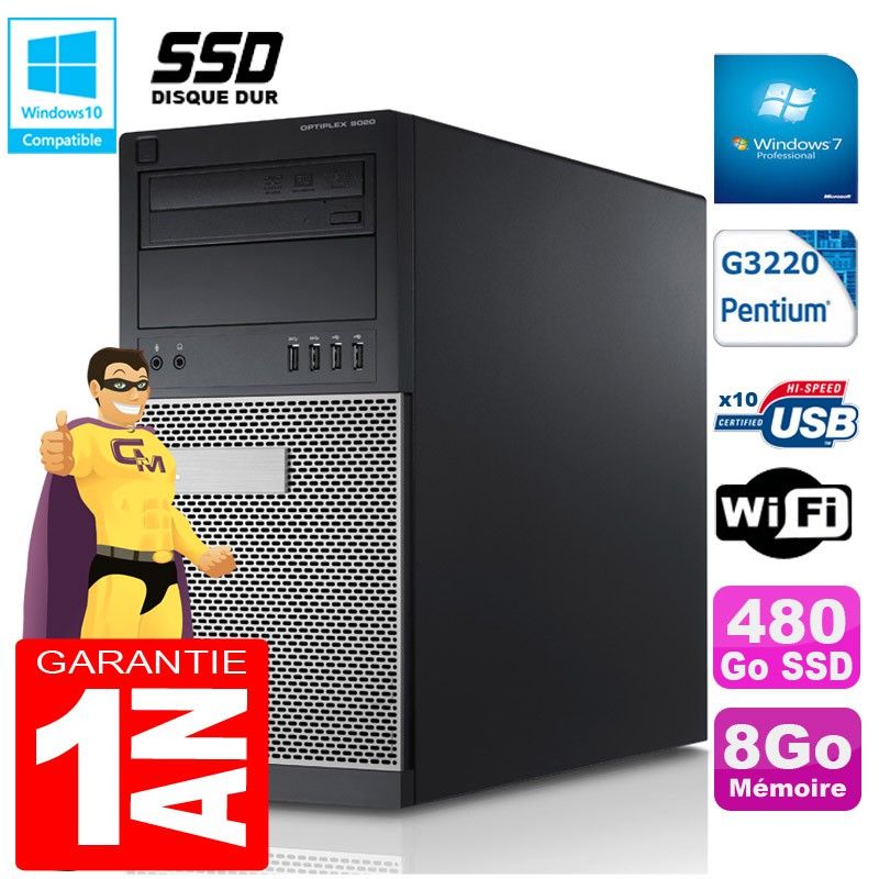 Dell Optiplex 9020 Tower - Intel Pentium G3220, 8GB RAM, 480GB SSD, DVD Burner, WiFi, Windows 7 Pro