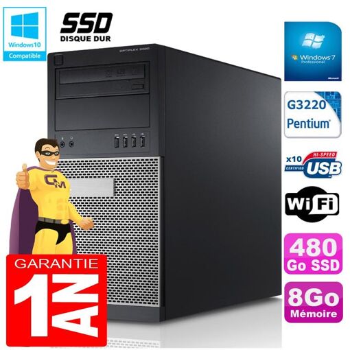Dell Optiplex 9020 Tower - Intel Pentium G3220, 8GB RAM, 480GB SSD, DVD Burner, WiFi, Windows 7 Pro