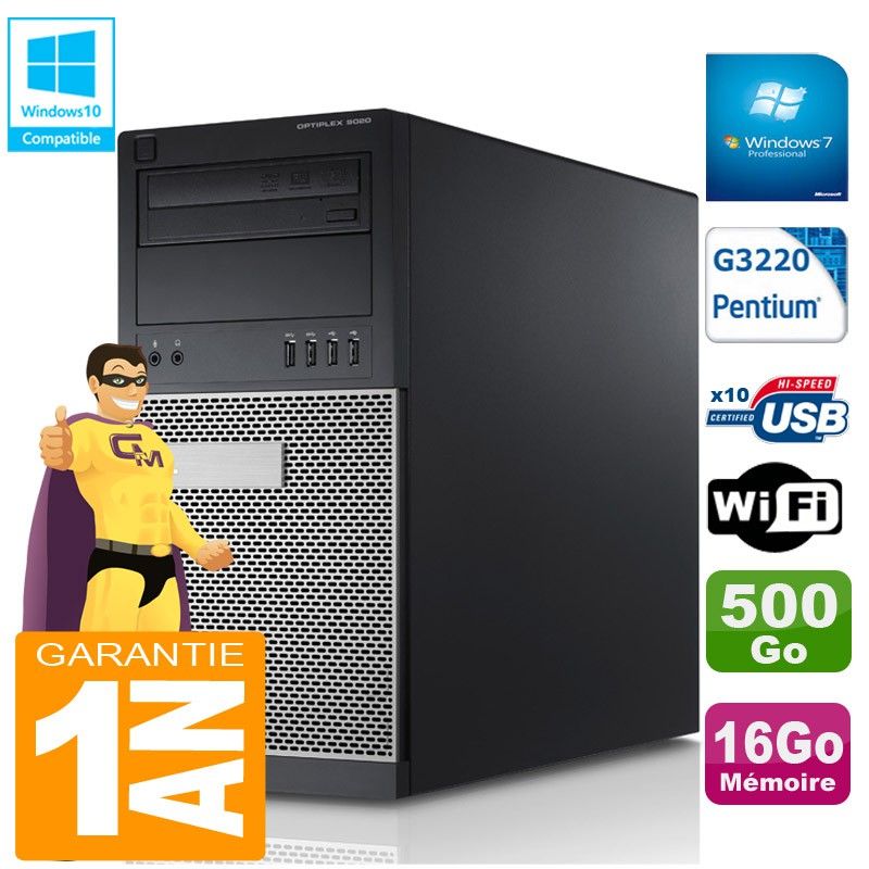 Dell Optiplex 9020 Tower - Intel Pentium G3220, 16GB RAM, 500GB HDD, DVD Burner, Wi-Fi, Windows 7 Pro