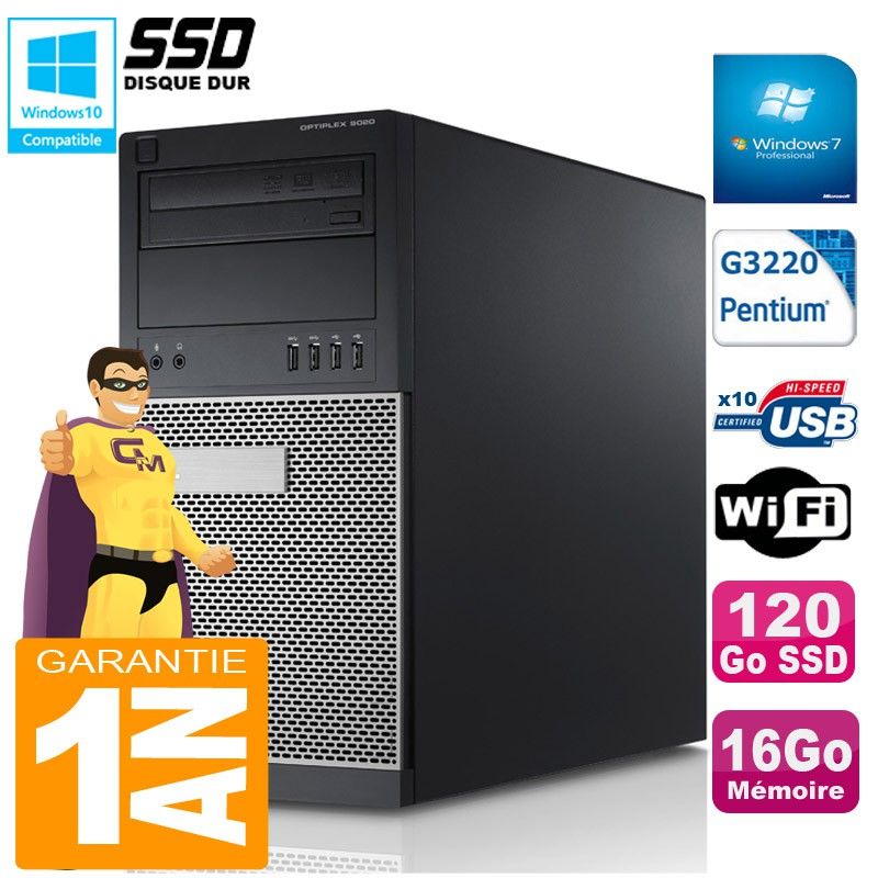 Torre Dell Optiplex 9020 - Procesador Intel Pentium G3220, 16GB de RAM, Disco SSD de 120GB, Unidad de CD/DVD, WiFi, Windows 7 Pro