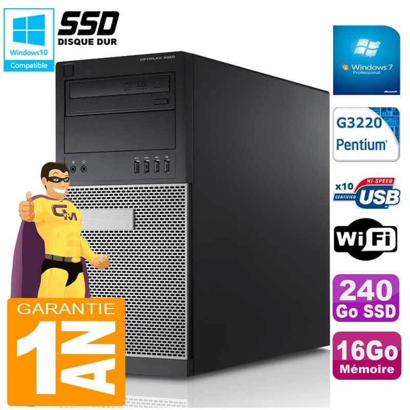 Dell Optiplex 9020 Tower - Intel Pentium G3220, 16GB RAM, 240GB SSD, DVD Burner, WiFi, Windows 7 Pro