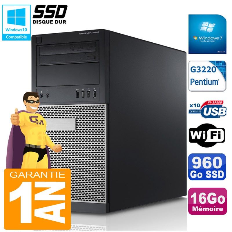 Dell Optiplex 9020 Tower - Intel Pentium G3220, 16GB RAM, 960GB SSD, DVD Drive, Windows 7 Pro