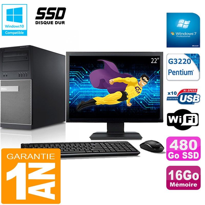 Dell Optiplex 9020 Tower - Intel Pentium G3220, 16GB RAM, 480GB SSD, WiFi, Windows 7 Pro