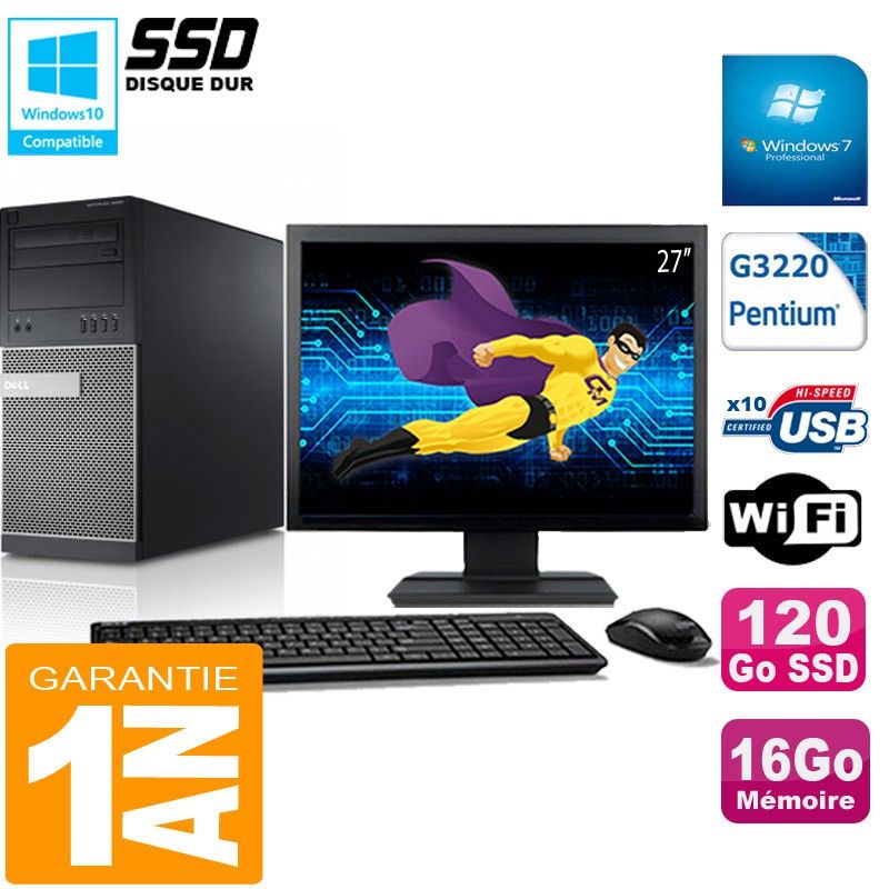 Torre Dell Optiplex 9020 - Procesador Intel Pentium G3220, 16GB de RAM, 120GB SSD, WiFi, Windows 7 Pro
