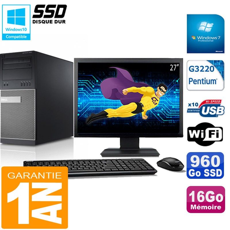 Dell Optiplex 9020 Tower - Intel Pentium G3220, 16GB RAM, 960GB SSD, WiFi, Windows 7 Pro