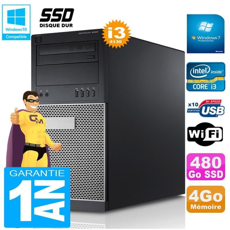 Tour Dell Optiplex 9020 - Processeur Intel Core i3-4130, 4 Go de RAM, 480 Go SSD, Lecteur DVD, Windows 7 Pro