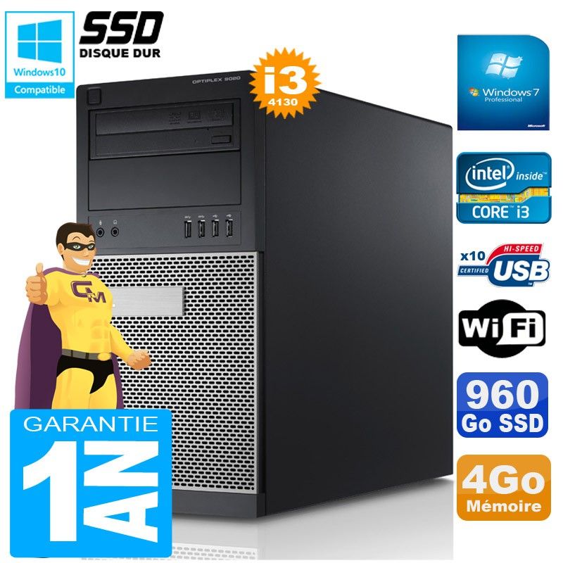Tour Dell Optiplex 9020 - Processeur Intel Core i3-4130, 4 Go de RAM, 960 Go SSD, Lecteur DVD, Wi-Fi, Windows 7 Pro