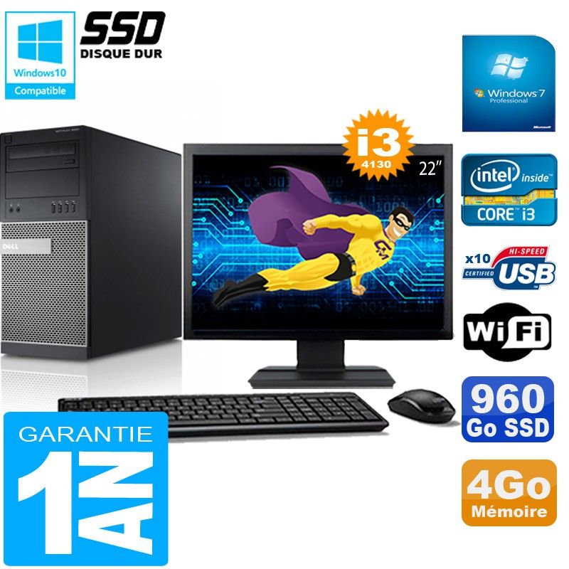 Tour Dell Optiplex 9020 - Processeur Intel Core i3-4130, 4 Go de RAM, 960 Go SSD, Windows 7 Professionnel