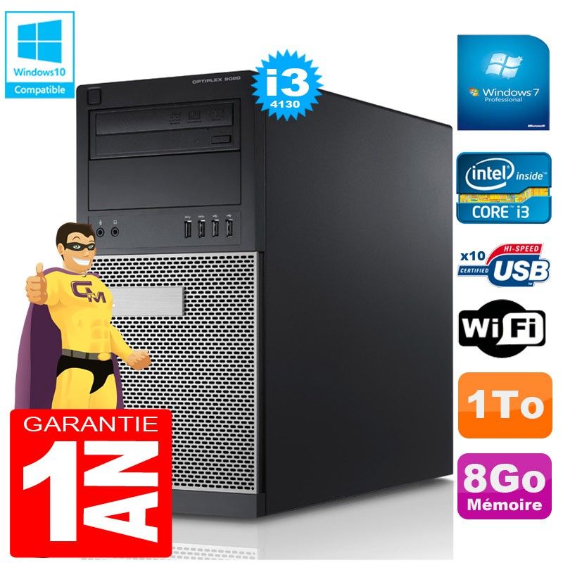 Dell Optiplex 9020 Tower - Intel Core i3-4130, 8GB RAM, 1TB HDD, DVD Drive, WiFi, Windows 7 Pro