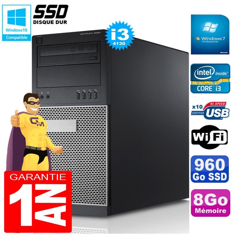Tour Dell Optiplex 9020 - Processeur Intel Core i3-4130, 8 Go de RAM, 960 Go SSD, Graveur DVD, Windows 7 Pro