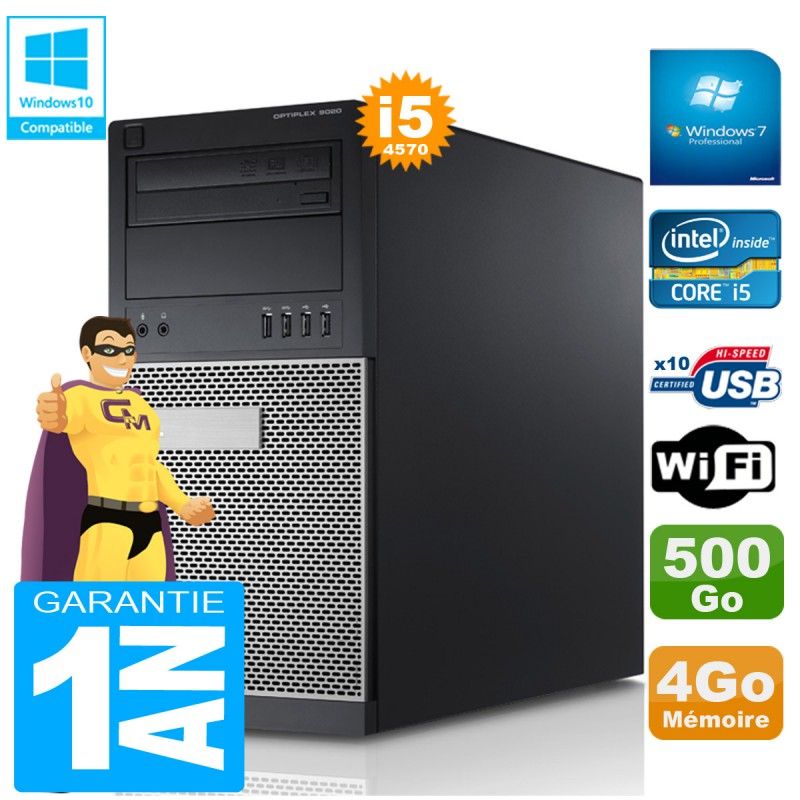 Tour Dell Optiplex 9020 - Processeur Intel Core i5-4570, 4 Go de RAM, Disque dur 500 Go, Graveur DVD, Windows 7 Pro