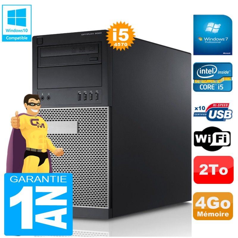 Tour Dell Optiplex 9020 - Processeur Intel Core i5-4570, 4 Go de RAM, Disque dur 2 To, Graveur DVD, Windows 7 Professionnel