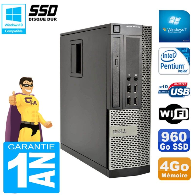 Dell Optiplex 990 SFF Computer - Intel Pentium G840, 4GB RAM, 960GB SSD, DVD Drive, WiFi, Windows 7 Pro
