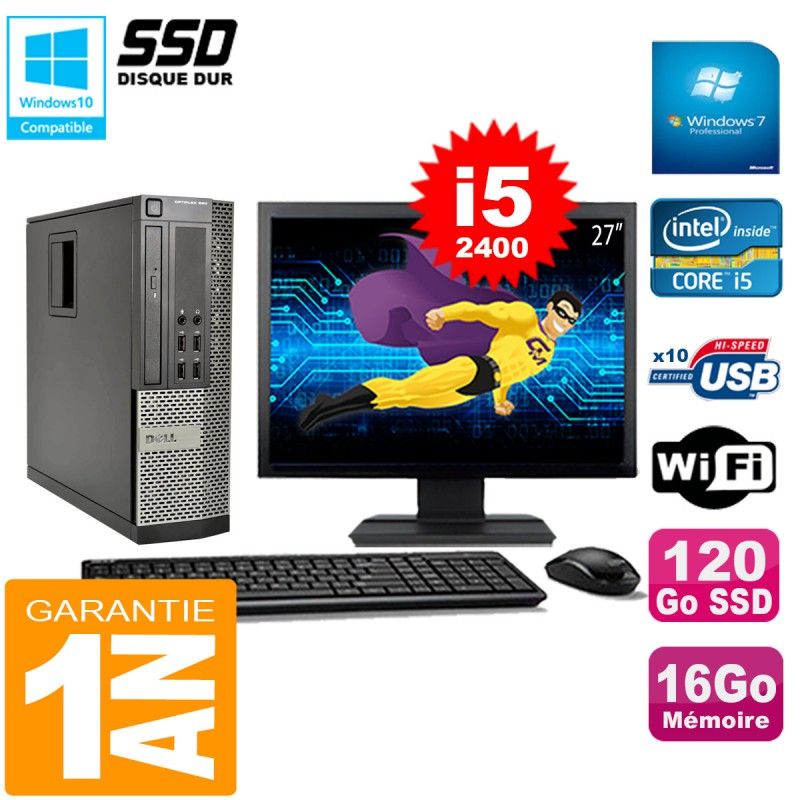 Dell Optiplex 990 SFF Core i5-2400 16GB RAM 120GB SSD DVD Burner Wi-Fi Windows 7 Pro 27" Screen