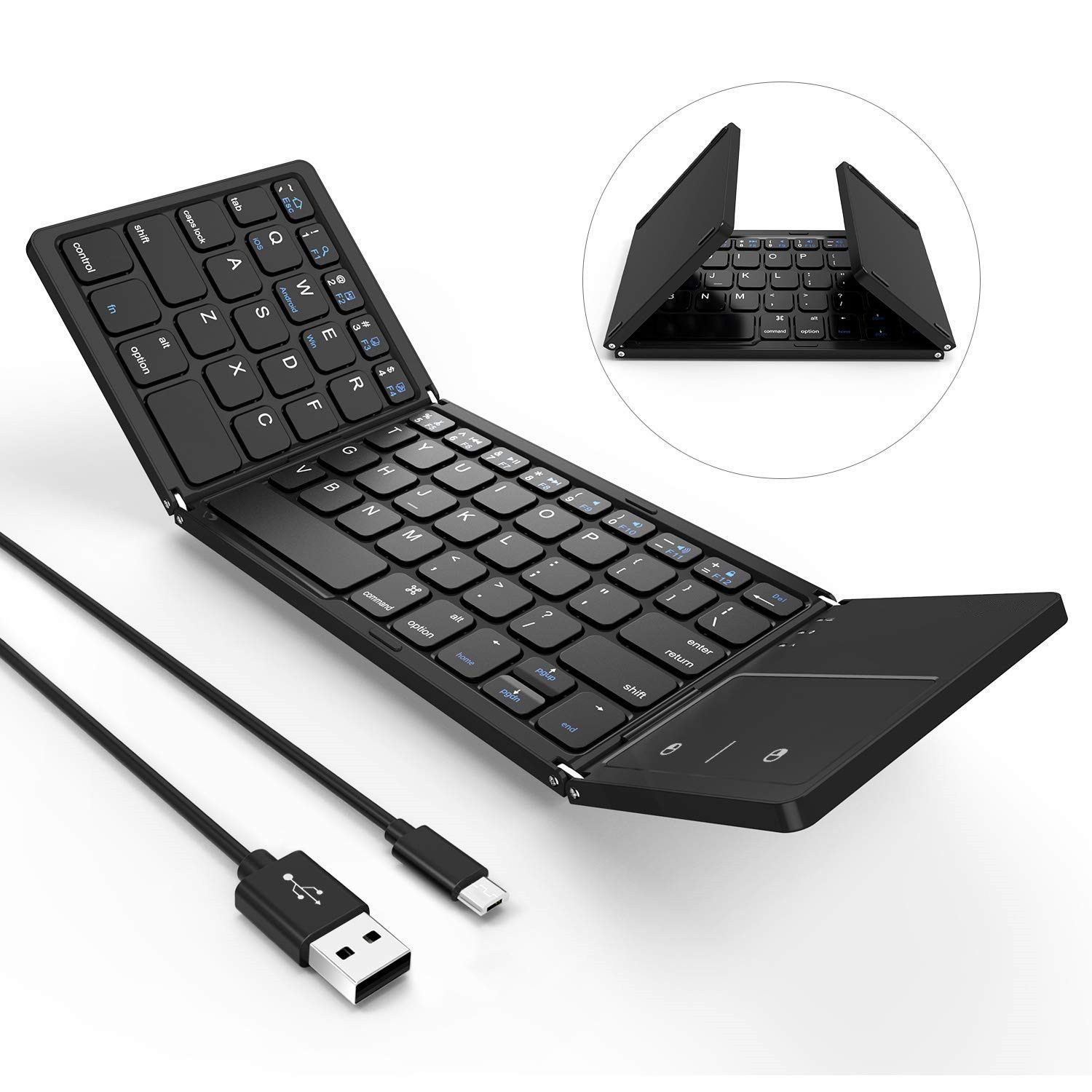 Nuaele Foldable Bluetooth 3.0 Keyboard - USB 2-in-1 Cable with Rechargeable Touchpad for Android Tablets & Smartphones