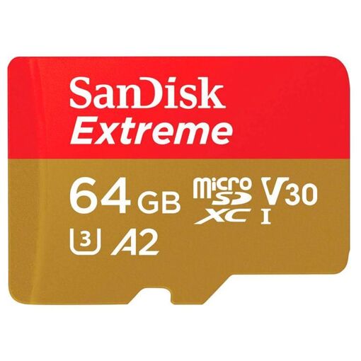 SanDisk Extreme MicroSDXC Card (with SD Adapter) - 64GB, A2/V30/UHS-I U3/Class 10