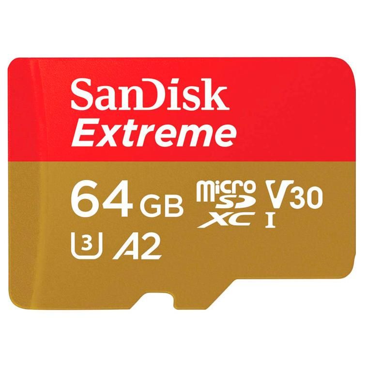 Tarjeta de memoria flash SanDisk Extreme (con adaptador microSDXC a SD) - 64 GB, A2/Clase Video V30/UHS-I U3/Clase 10