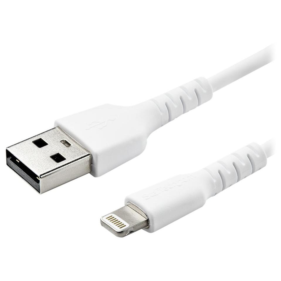 Cable USB-A a Lightning de StarTech, 1 m - Cable blanco resistente con fibra de aramida para iPad/iPhone 12, certificado Apple MFi (RUSBLTMM1M)