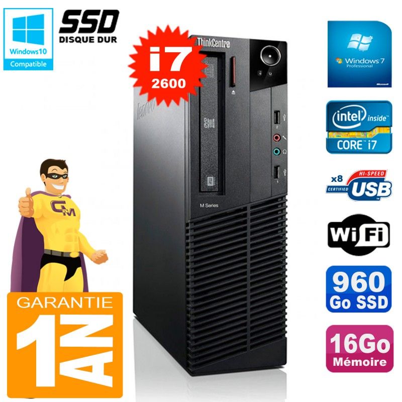 ThinkCentre Lenovo M92p SFF Core i7-2600 16 Go 960 Go SSD Graveur DVD Wifi Windows 7
