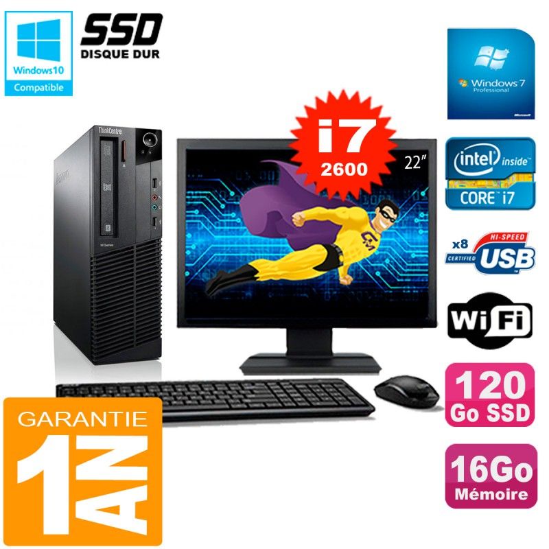 Ordinateur de bureau Lenovo M92p SFF, écran 22'', processeur Intel Core i7-2600, 16 Go de RAM, 120 Go SSD, Wi-Fi, Windows 7 Pro