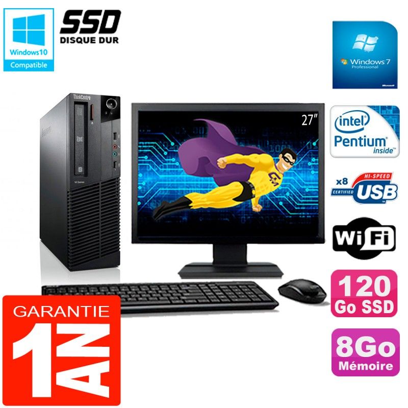 Ordinateur de bureau Lenovo M92p SFF, écran 27'', processeur Intel G630, 8 Go de RAM, 120 Go SSD, Wi-Fi, Windows 7 Pro