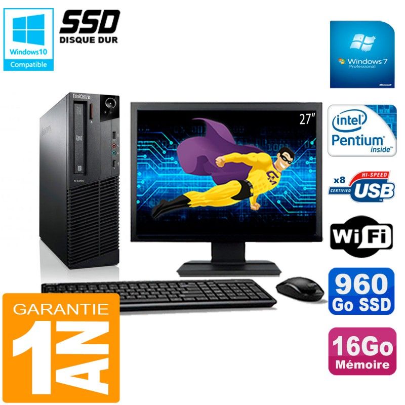 Lenovo M92p SFF Desktop Computer, 27" Screen, Intel G630, 16GB RAM, 960GB SSD, WiFi, Windows 7 Pro