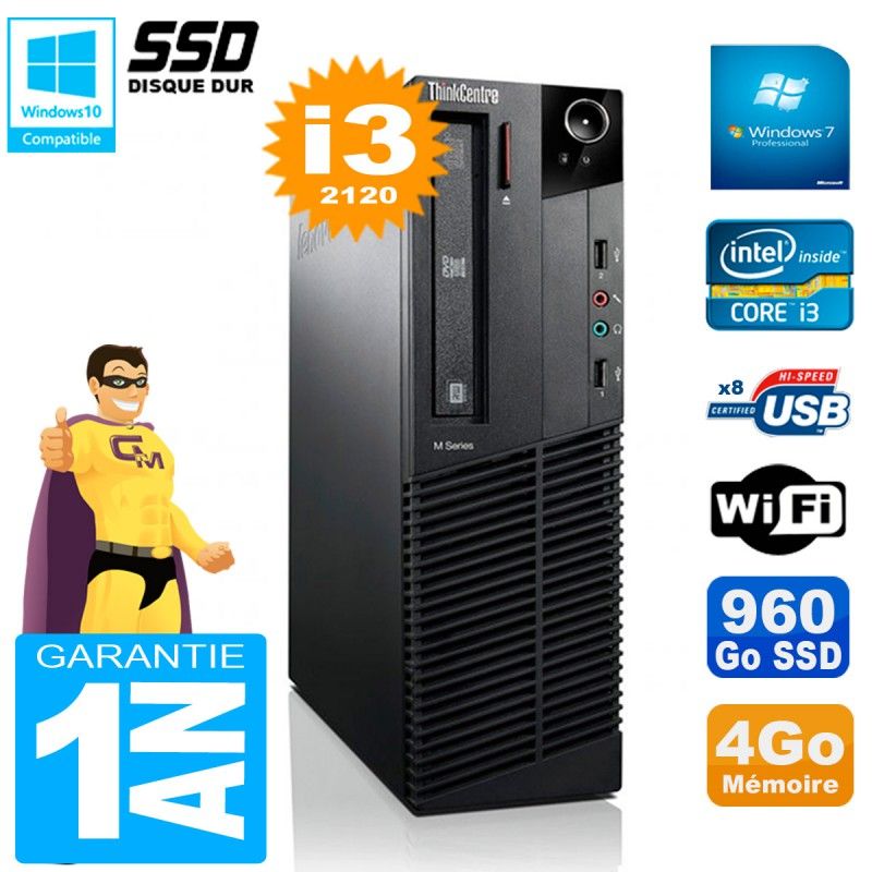 Ordinateur de bureau Lenovo M92p SFF Core i3-2120 4 Go 960 Go SSD Graveur DVD Wifi Windows 7