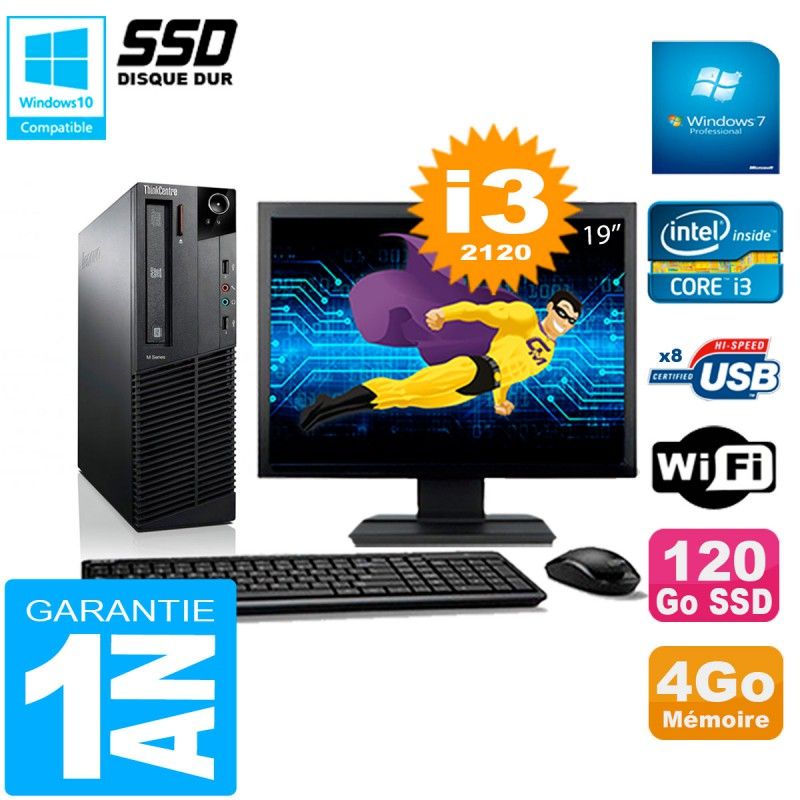 Lenovo M92p SFF Desktop Computer, 19" Screen, Intel Core i3-2120, 4GB RAM, 120GB SSD, WiFi, Windows 7 Pro