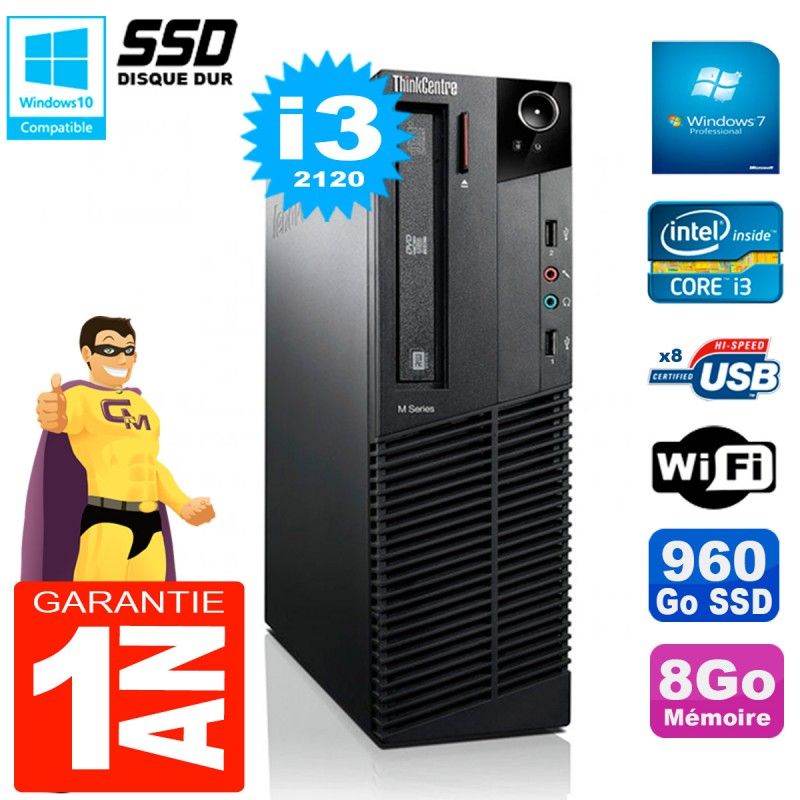 PC de escritorio Lenovo M92p SFF Core i3-2120 8GB 960GB SSD Grabadora de DVD WiFi Windows 7