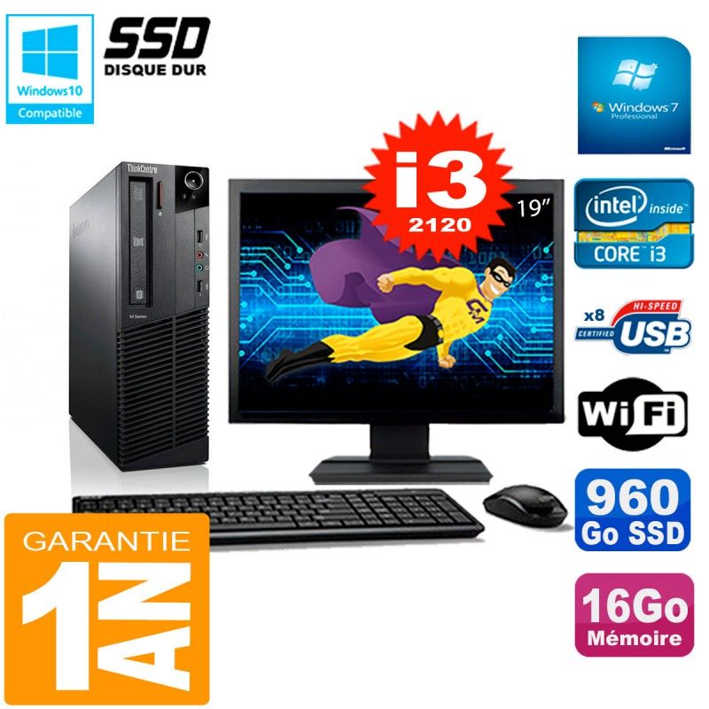 Computadora de escritorio Lenovo M92p SFF - Pantalla de 19', Procesador Intel Core i3-2120, 16GB de RAM, 960GB SSD, WiFi, Windows 7 Pro