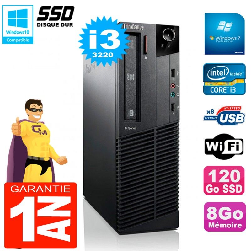 Ordinateur de bureau Lenovo M92p SFF, Intel Core i3-3220, 8 Go RAM, 120 Go SSD, Lecteur DVD, Wi-Fi, Windows 7 Pro