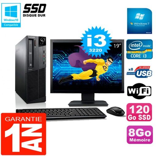 Lenovo M92p SFF Desktop Computer, 19" Screen, Intel Core i3-3220, 8GB RAM, 120GB SSD, WiFi, Windows 7 Pro