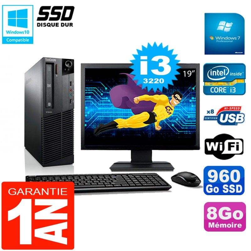 Lenovo M92p SFF Desktop Computer - 19" Screen, Intel Core i3-3220, 8GB RAM, 960GB SSD, WiFi, Windows 7 Pro