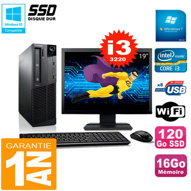 Lenovo M92p SFF Desktop Computer - 19" Screen, Intel Core i3-3220, 16GB RAM, 120GB SSD, WiFi, Windows 7 Pro