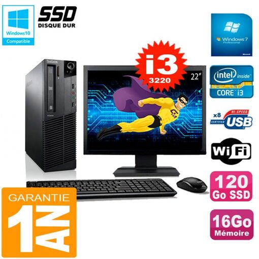 Lenovo M92p SFF 22" Screen, Core i3-3220, 16GB RAM, 120GB SSD, WiFi, Windows 7 Pro
