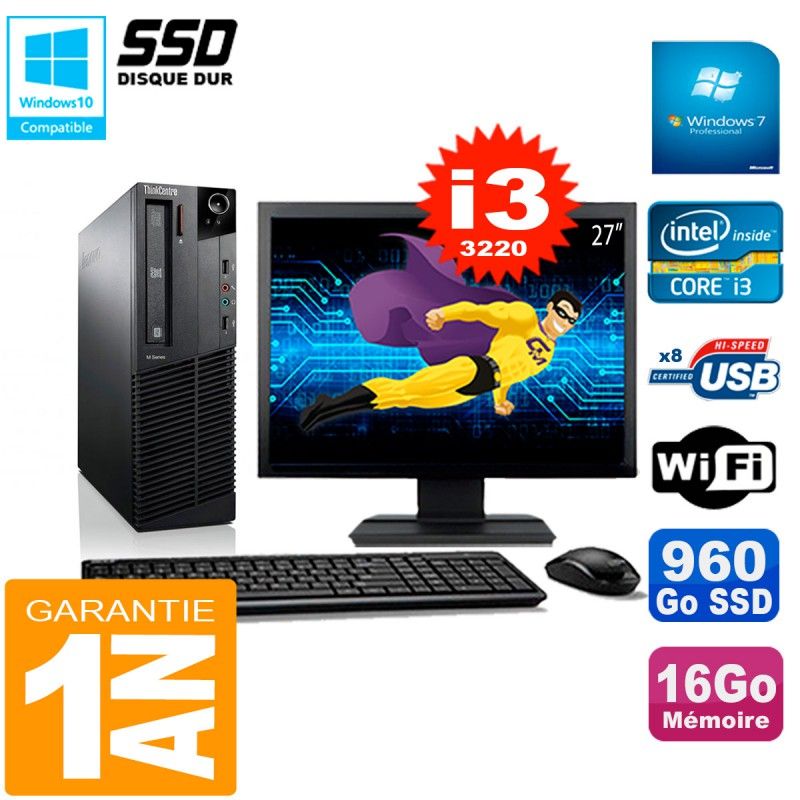 Ordinateur de bureau Lenovo M92p SFF, écran 27", processeur Intel Core i3-3220, 16 Go de RAM, 960 Go SSD, Wi-Fi, Windows 7 Pro