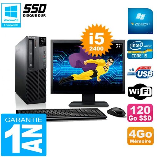 Ordenador de sobremesa Lenovo M92p SFF, pantalla de 27', procesador Intel Core i5-2400, 4 GB de RAM, 120 GB SSD, WiFi, Windows 7 Pro