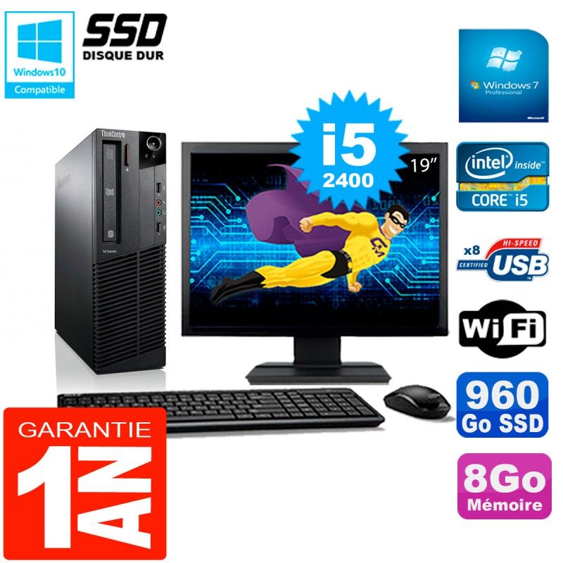 Lenovo M92p SFF Desktop Computer, 19" Screen, Core i5-2400, 8GB RAM, 960GB SSD, WiFi, Windows 7 Pro