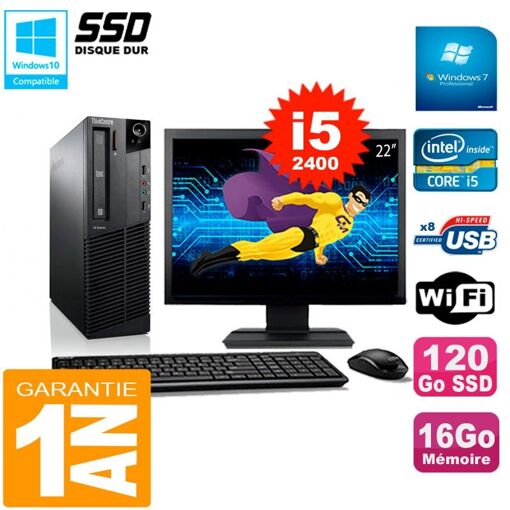 Lenovo M92p SFF Desktop PC - 22" Screen, Intel Core i5-2400, 16GB RAM, 120GB SSD, WiFi