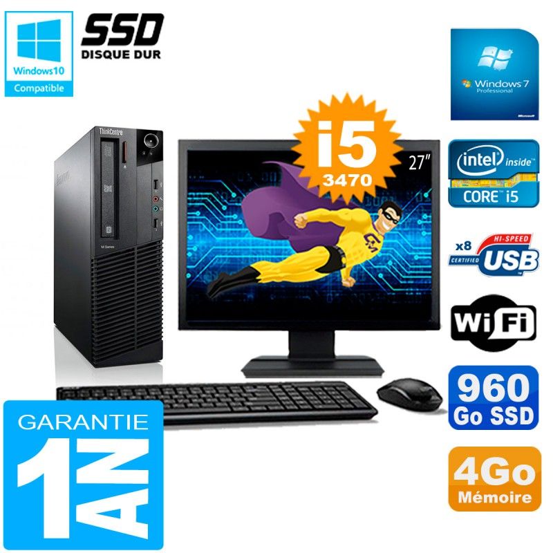 Lenovo M92p SFF Desktop Computer - 27" Screen, Intel Core i5-3470, 4GB RAM, 960GB SSD, WiFi, Windows 7 Pro