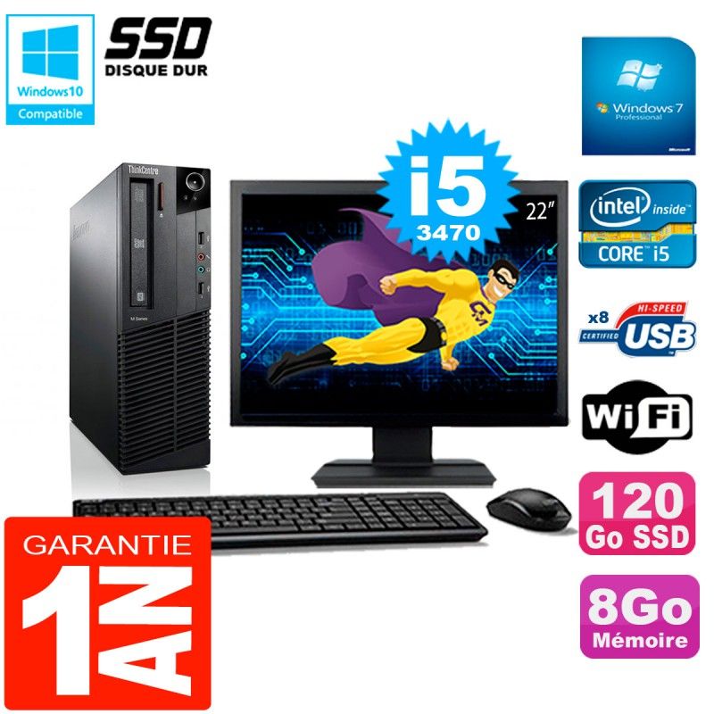 Lenovo M92p SFF Desktop Computer, 22" Screen, Core i5-3470, 8GB RAM, 120GB SSD, WiFi, Windows 7 Pro