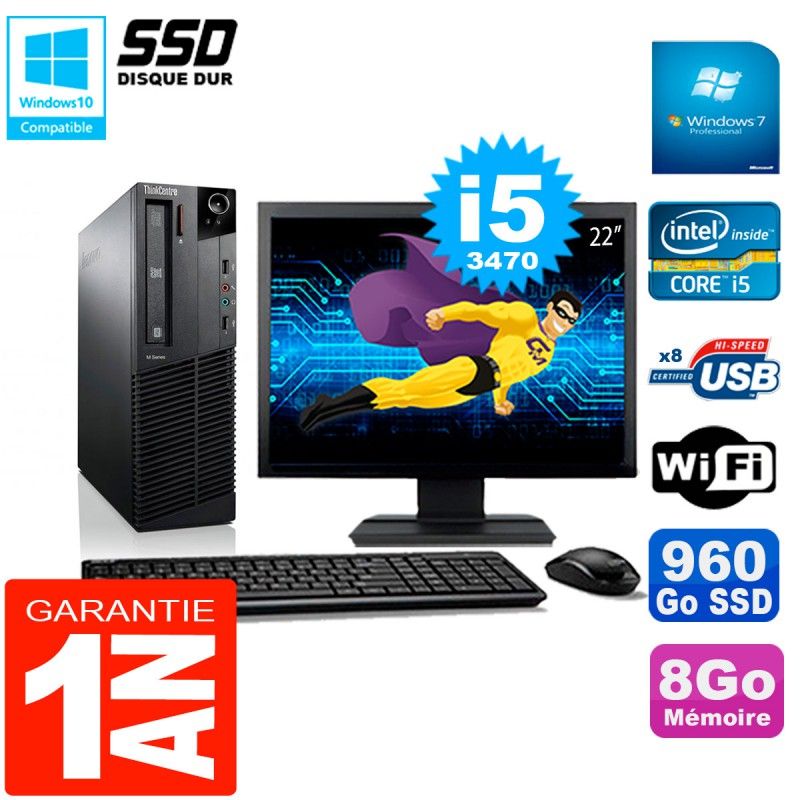 Lenovo M92p SFF Desktop Computer, 22" Screen, Intel Core i5-3470, 8GB RAM, 960GB SSD, WiFi, Windows 7 Pro