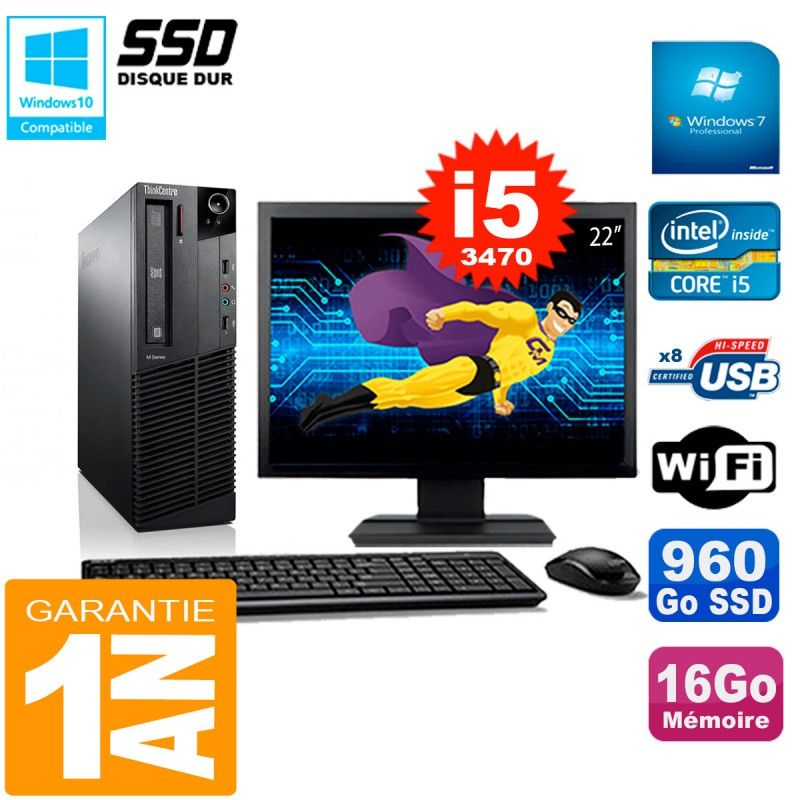 Lenovo M92p SFF Desktop Computer - 22" Screen, Intel Core i5-3470, 16GB RAM, 960GB SSD, WiFi