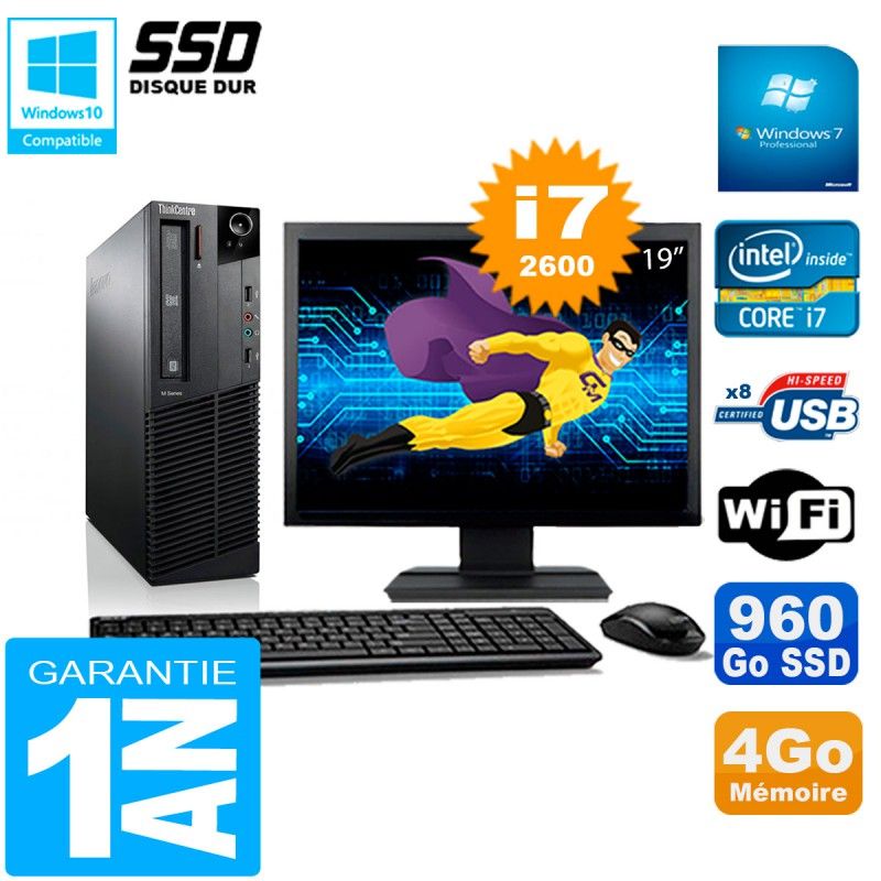 Lenovo M92p SFF Desktop Computer, 19" Screen, Intel Core i7-2600, 4GB RAM, 960GB SSD, WiFi, Windows 7 Pro
