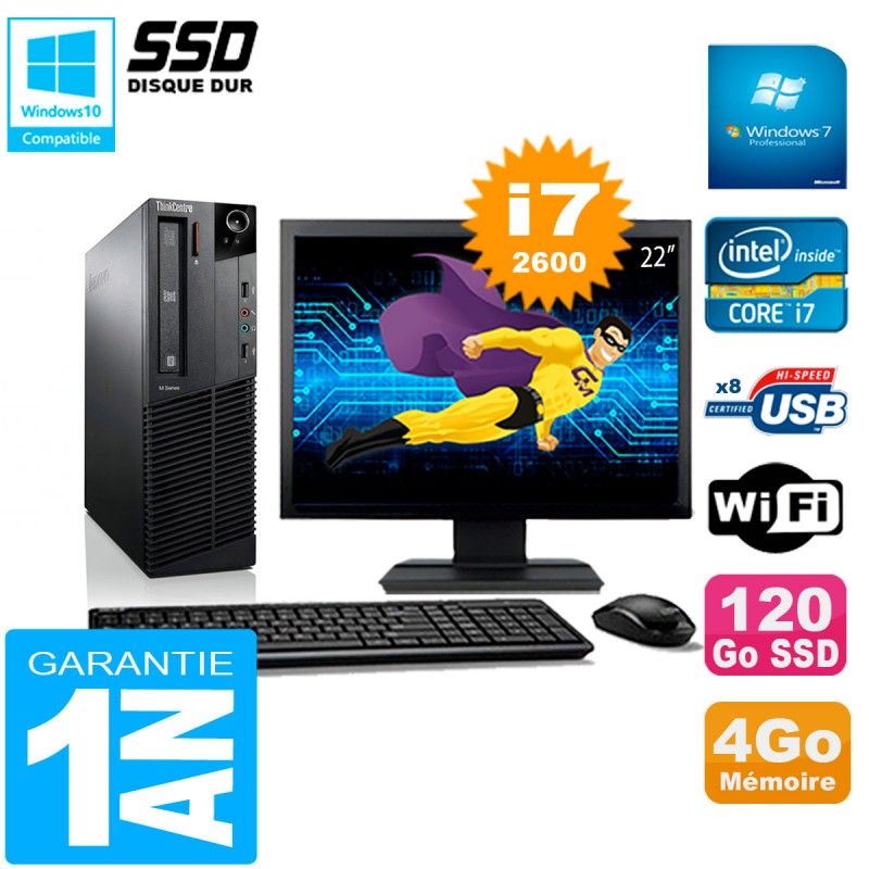 Ordinateur Lenovo M92p SFF - Écran 22'', Processeur Intel Core i7-2600, 4 Go de RAM, 120 Go SSD, Wifi, Windows 7 Pro